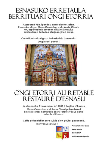 Ongi Etorri au retable  restauré d’Esnazu